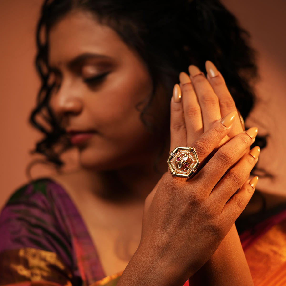 Hexagonal Kundan Pearl Ring