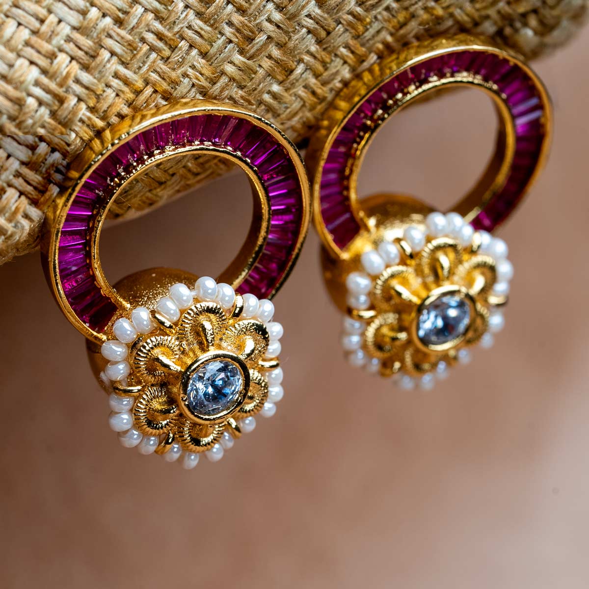 Gulabi Phool Half Round Earrings