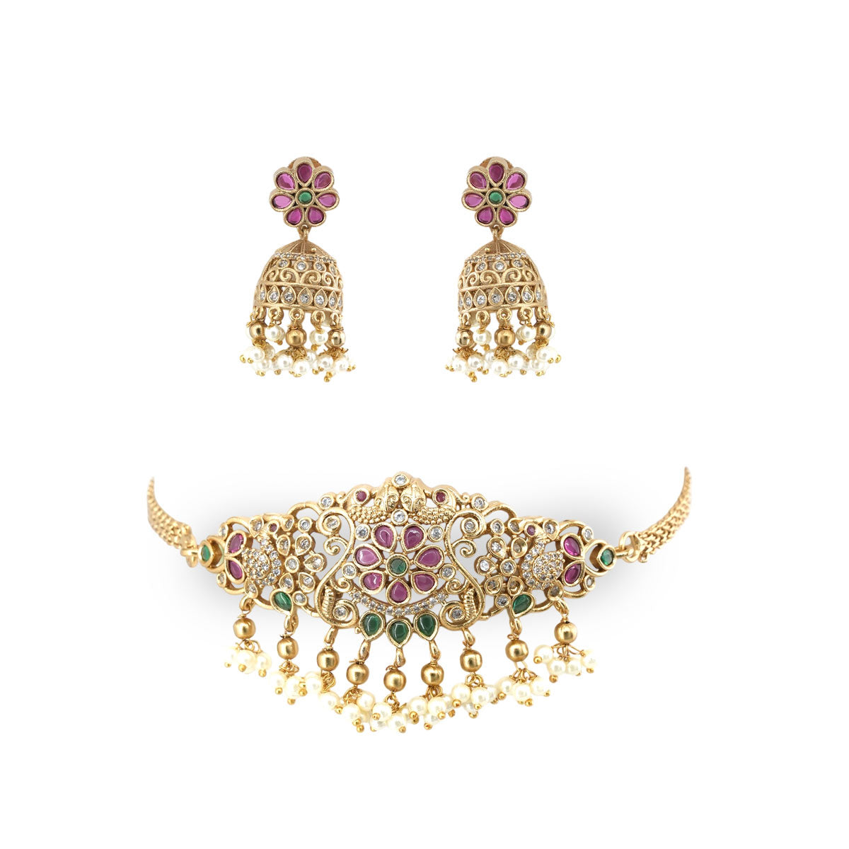 Kundan Floral Jhumka Choker Necklace Set