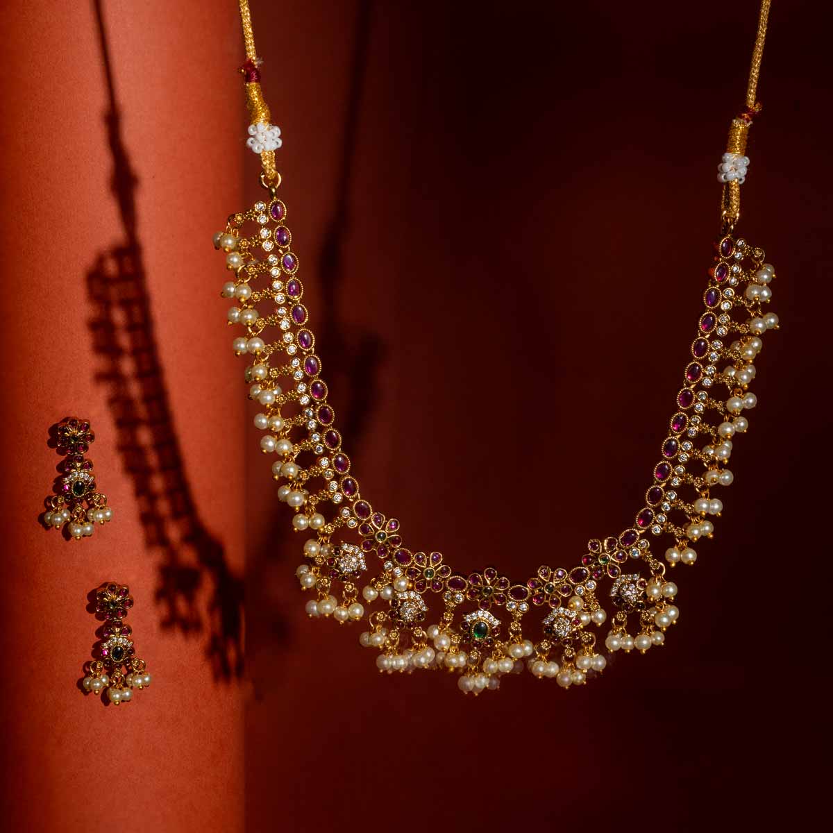 Pearl Bloom Jhumka Necklace Set