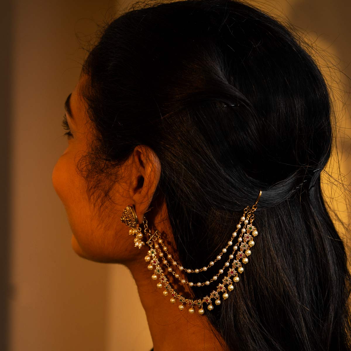 Golden Floral Bridal Hair Chains with Pearls