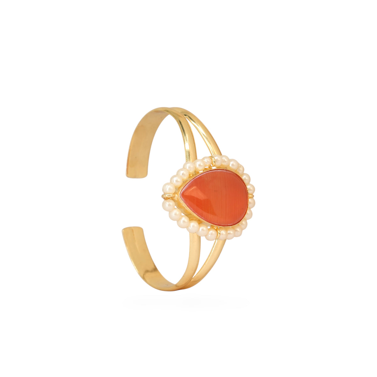 Golden Cuff Bracelet with Orange Stone & Pearl Detailing