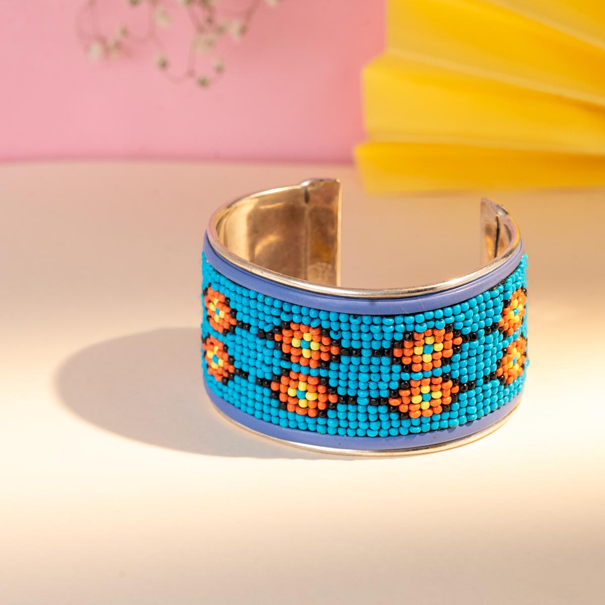 Blue and Orange Handwoven Beaded Cuff Bracelet