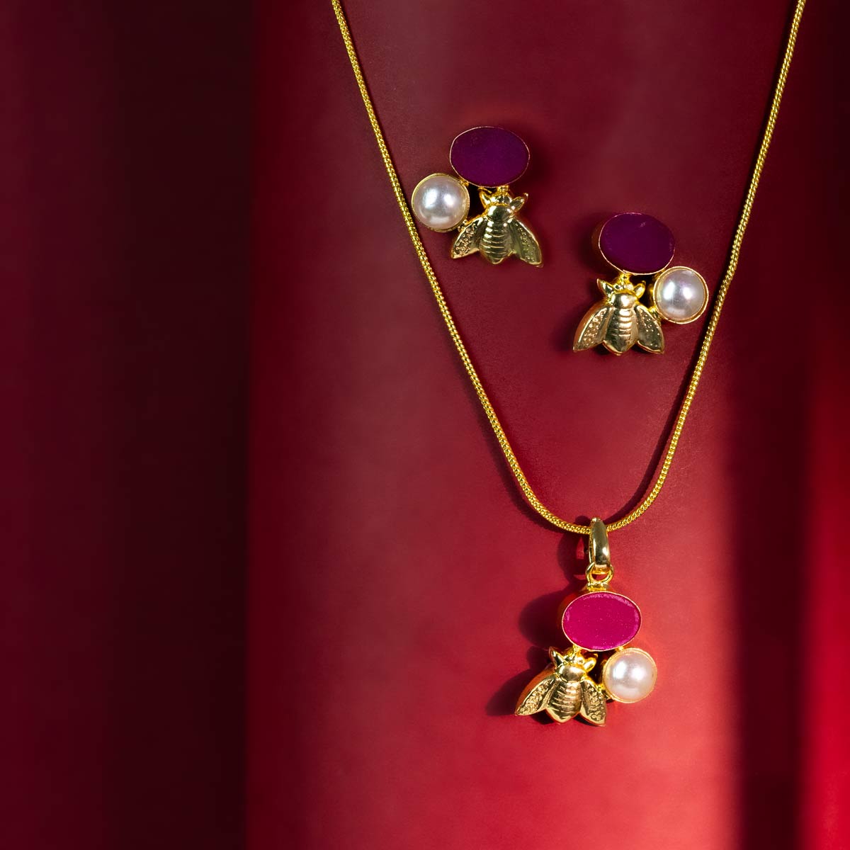 Gold-Plated Bee Charm Necklace and Earrings Set