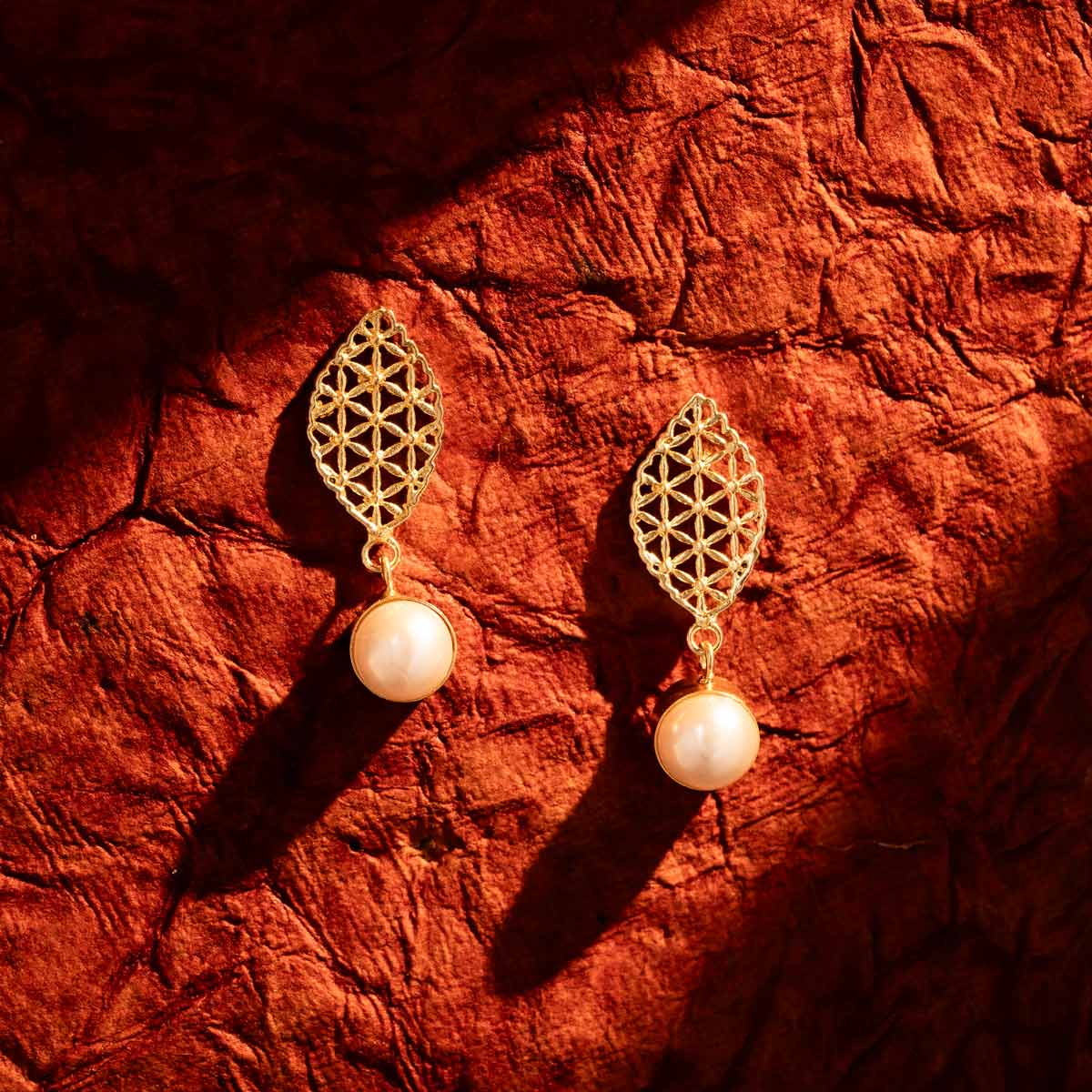 Golden Filigree Pearl Drop Earrings