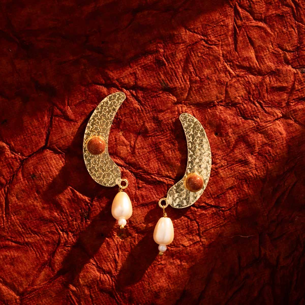 Earrings with Red Stone and Pearl Drop