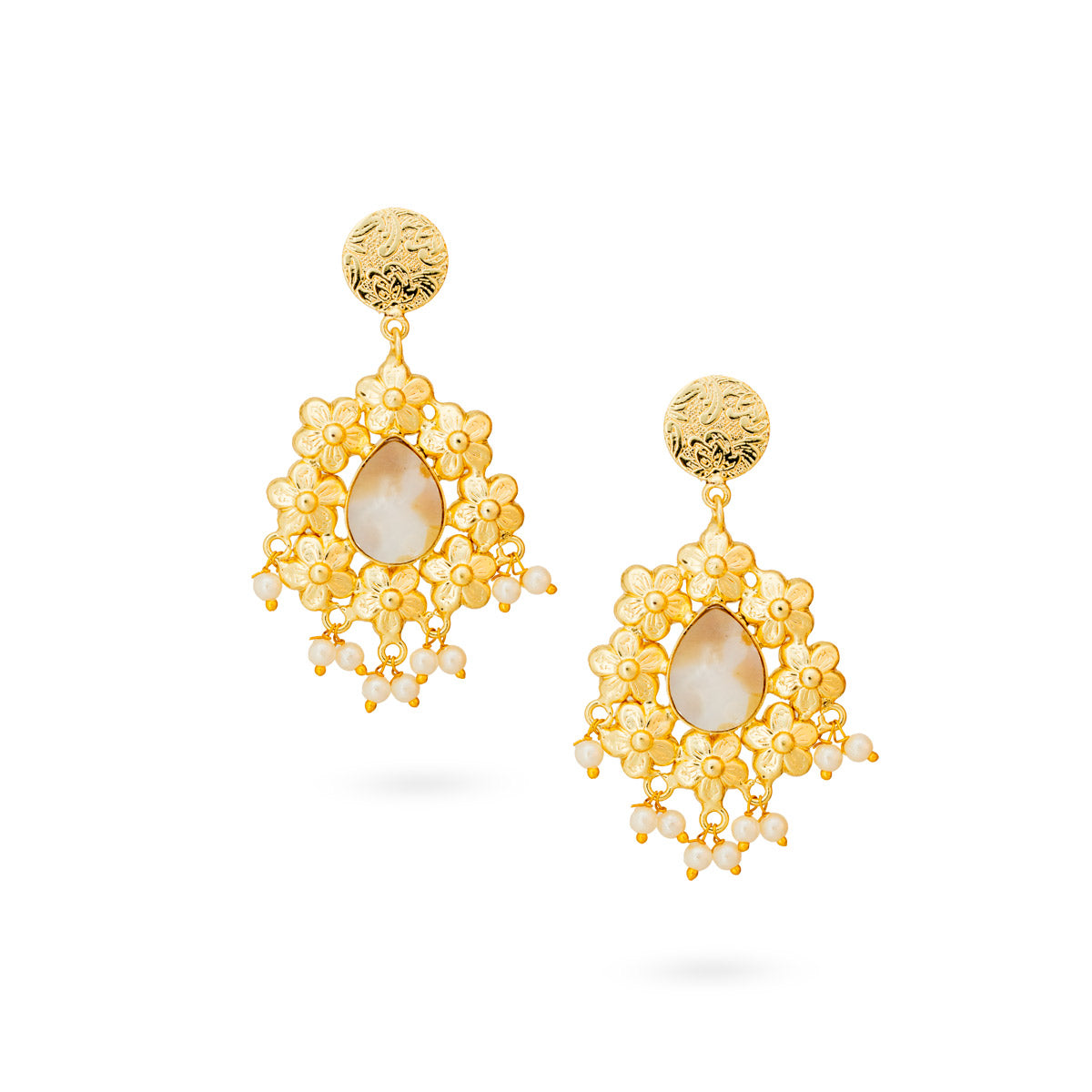 Golden Floral Drop Earrings with Mother-of-Pearl and Pearl Danglers