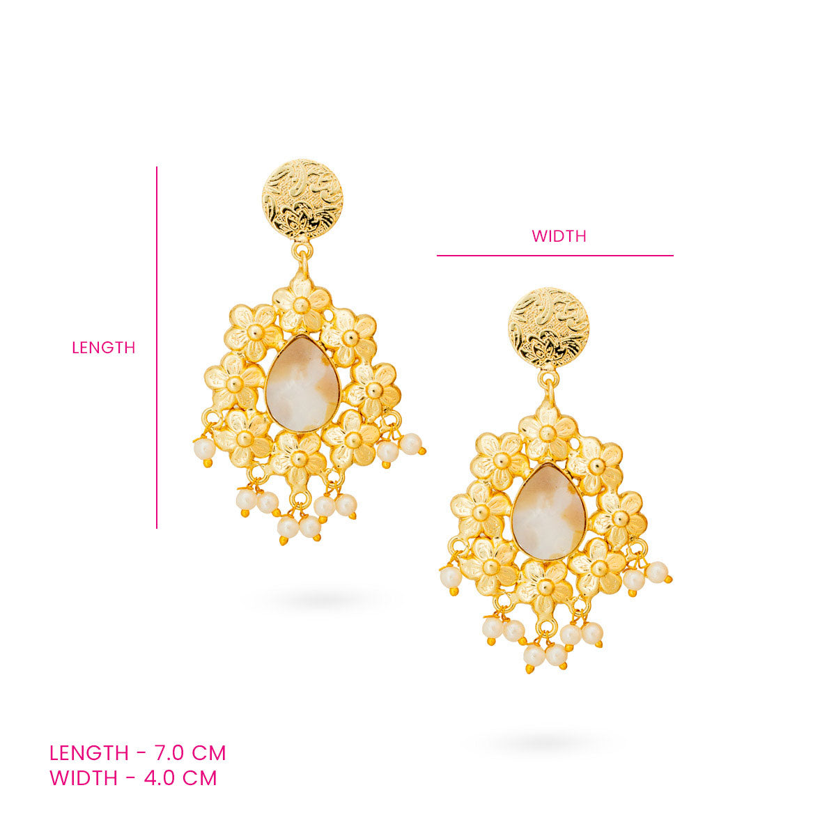 Golden Floral Drop Earrings with Mother-of-Pearl and Pearl Danglers