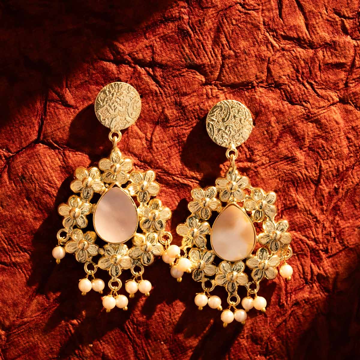 Golden Floral Drop Earrings with Mother-of-Pearl and Pearl Danglers