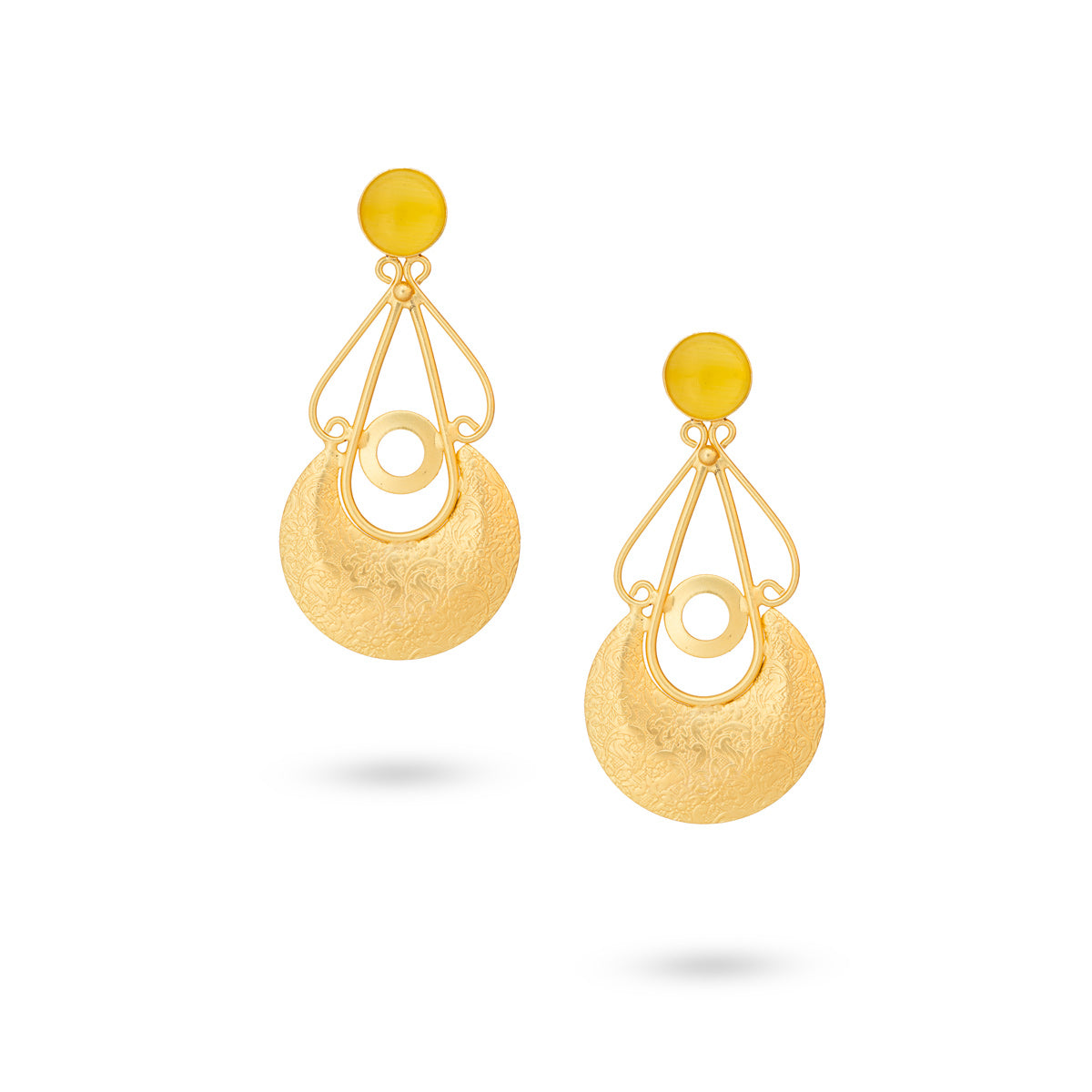 Golden Geometric Dangle Earrings with Yellow Accents