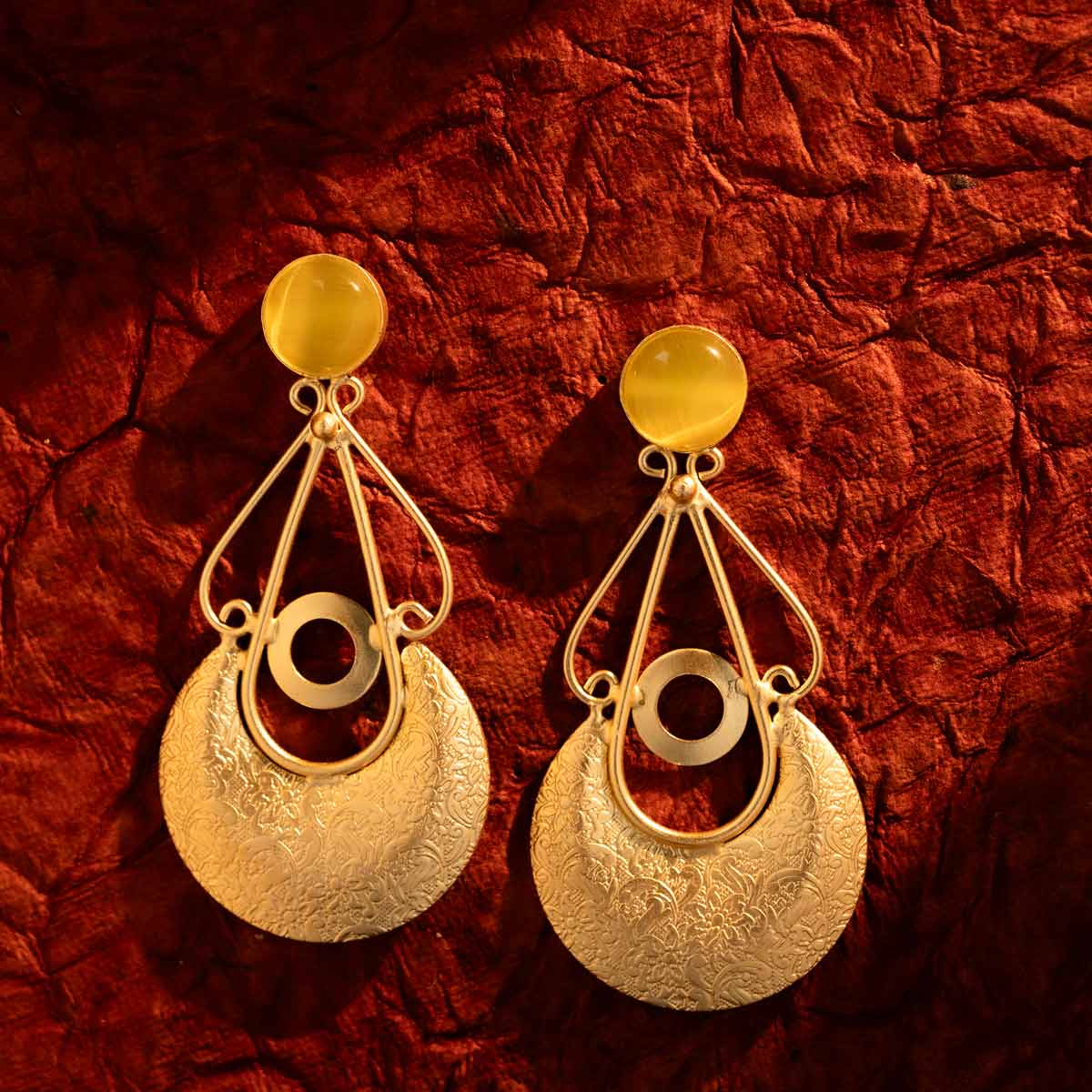 Golden Geometric Dangle Earrings with Yellow Accents