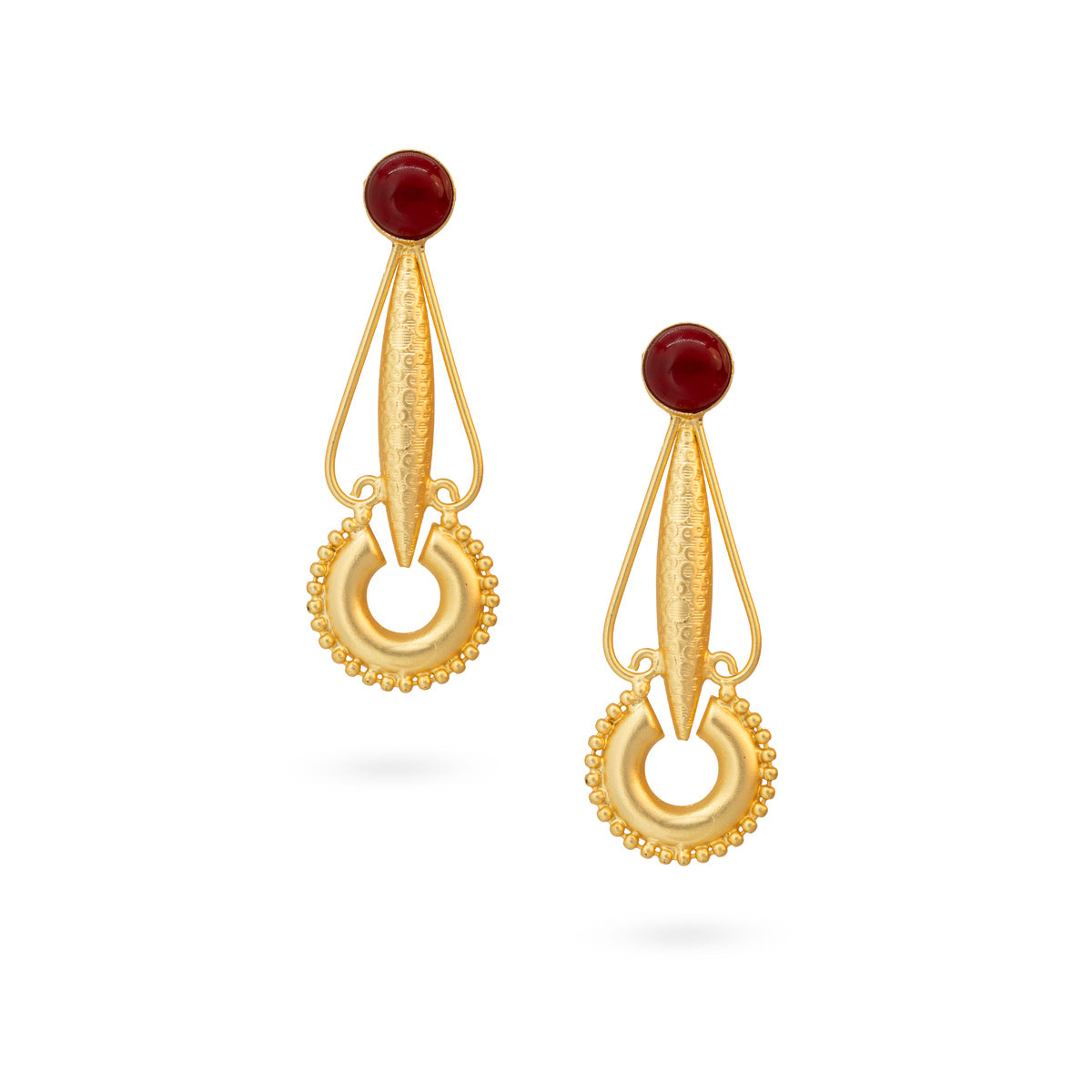 Golden Dangle Earrings with Red Stone Accents and Circular Design