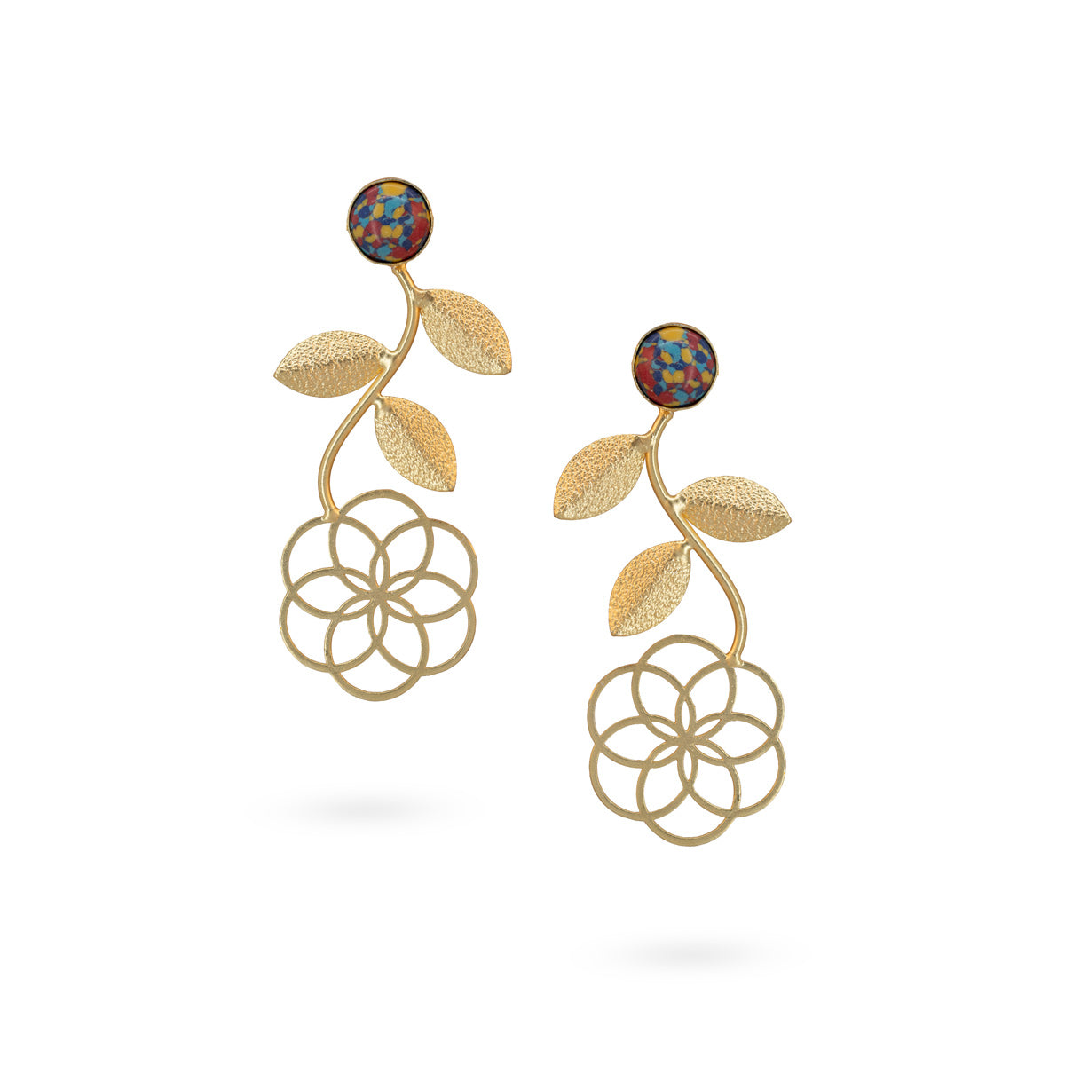 Floral Gold Drop Earrings with Multicolor Enamel Accents