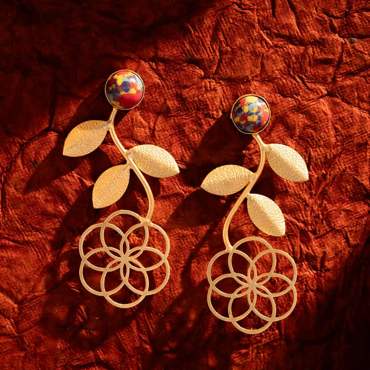 Floral Gold Drop Earrings with Multicolor Enamel Accents