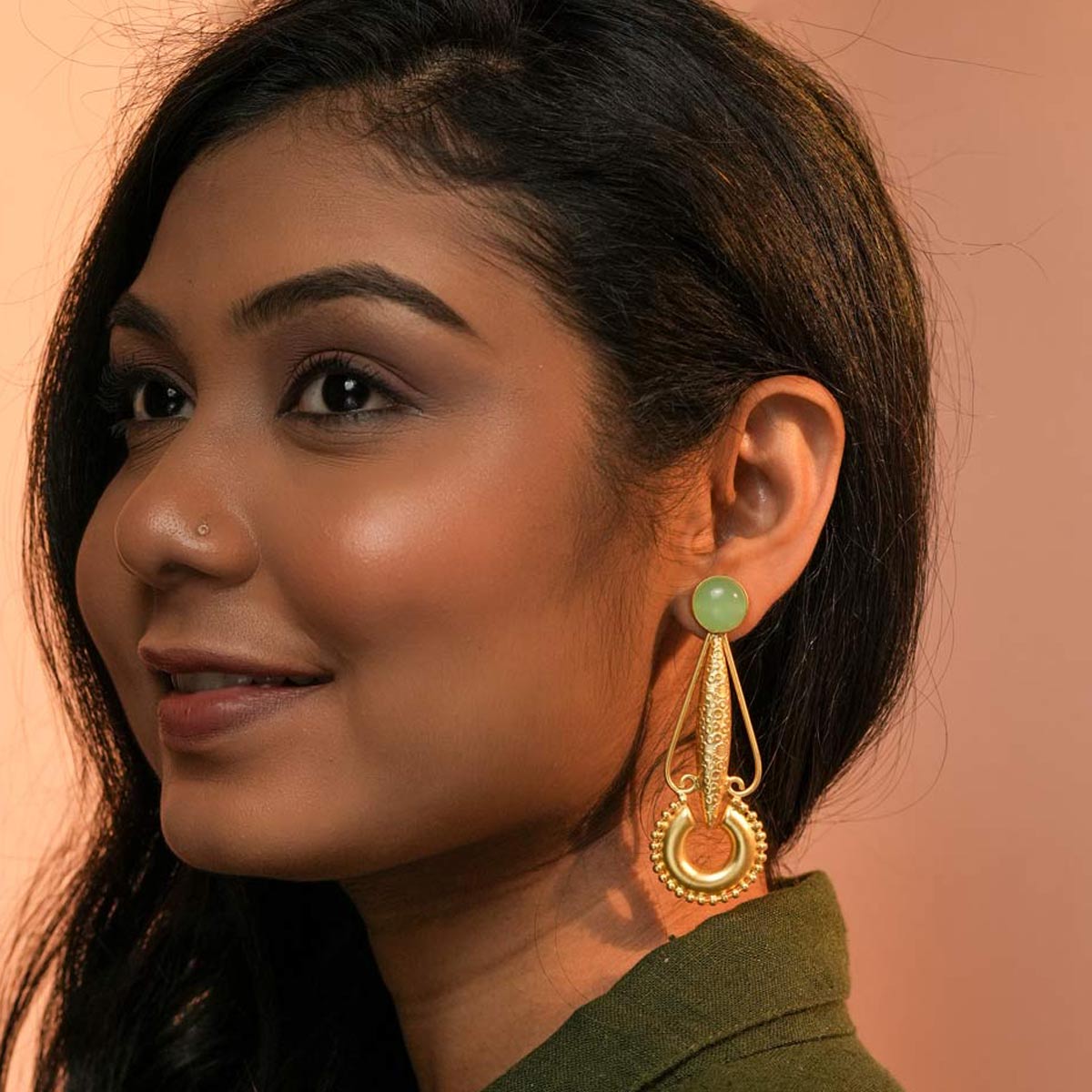 Golden Dangle Earrings with Mint Enamel Stud and Circular Design