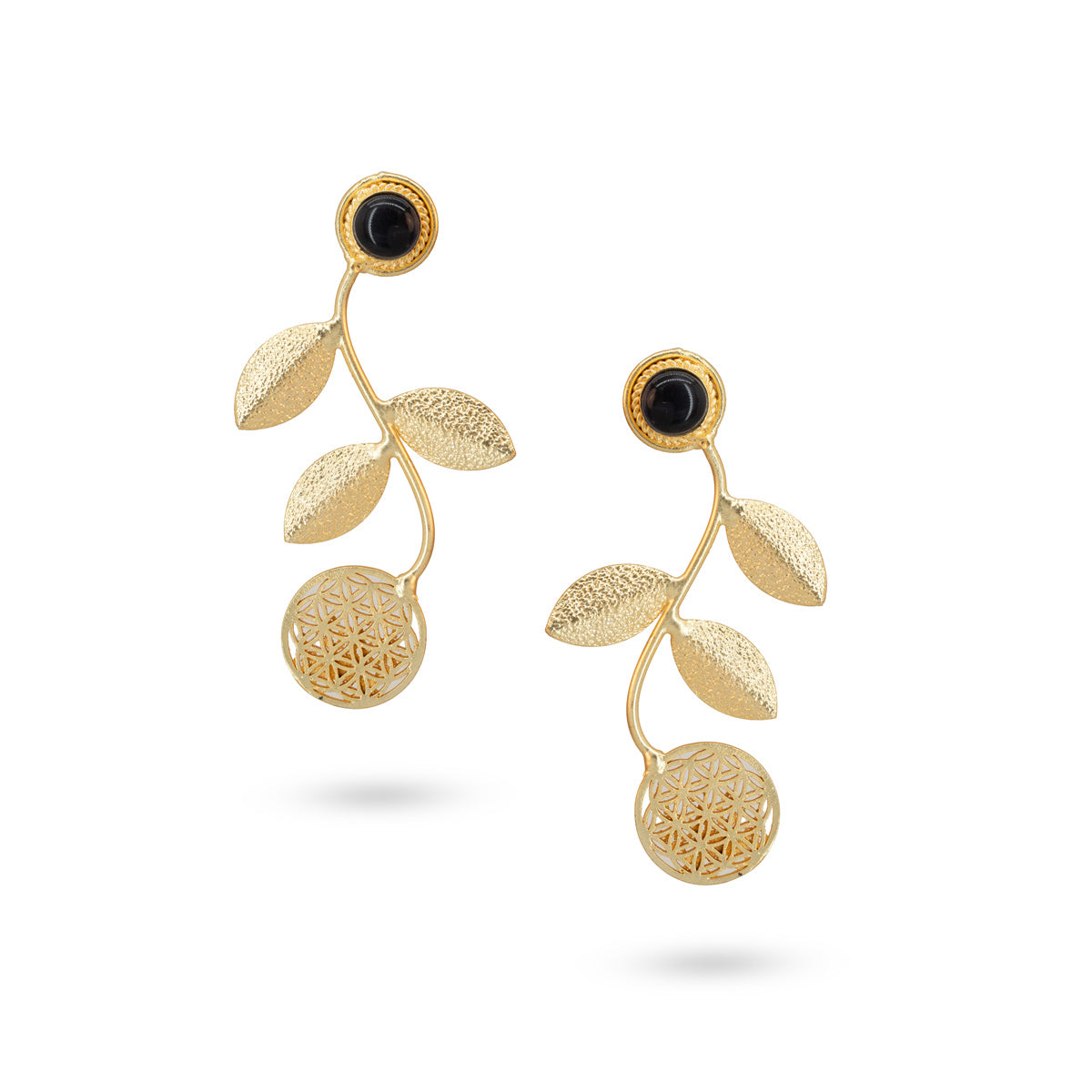 Gold-Plated Leaf Drop Earrings with Black Stone Accent