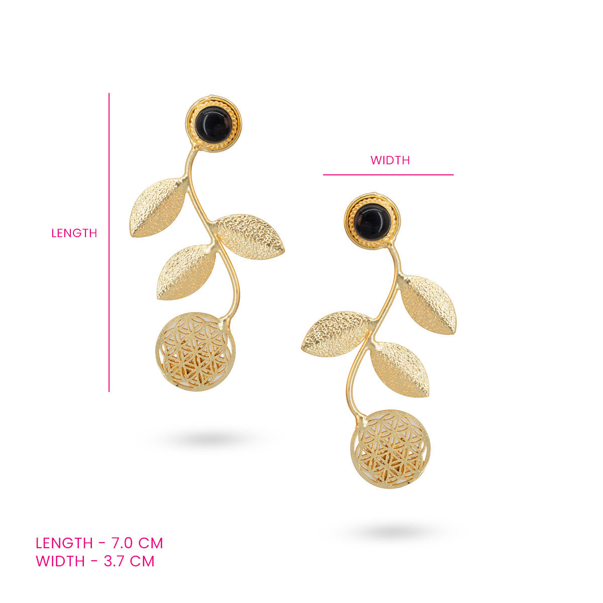 Gold-Plated Leaf Drop Earrings with Black Stone Accent