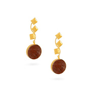 Gold-Plated Geometric Drop Earrings with Brown Stone