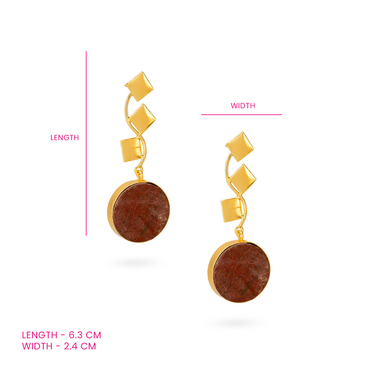 Gold-Plated Geometric Drop Earrings with Brown Stone