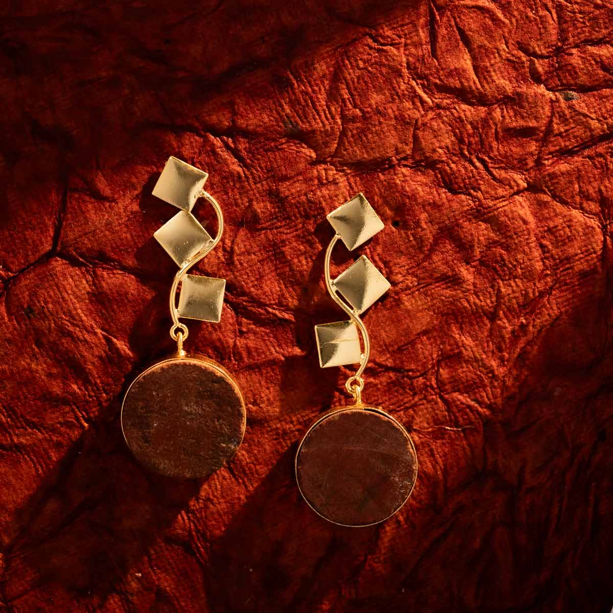 Gold-Plated Geometric Drop Earrings with Brown Stone