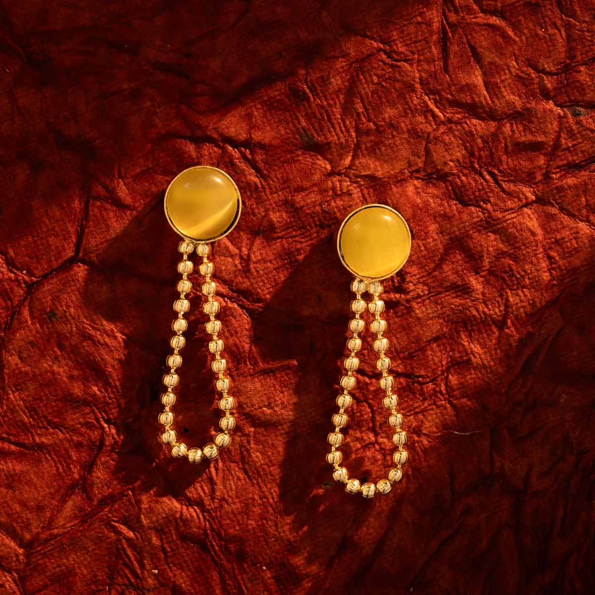 Gold Beaded Drop Earrings with Circular Stud