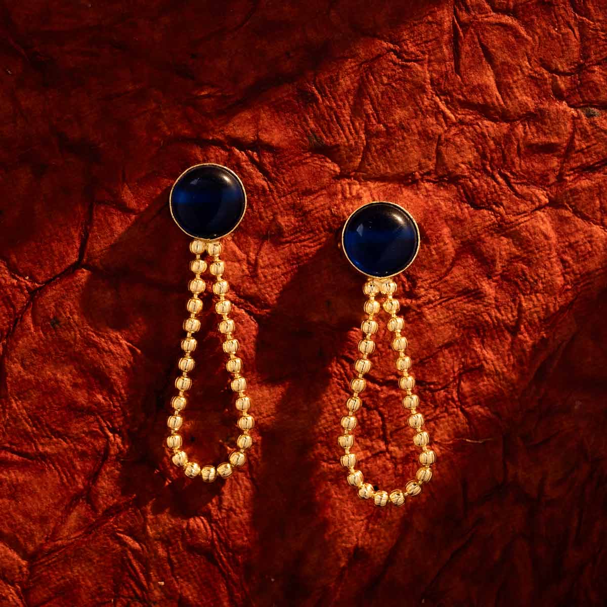 Blue Beaded Drop Earrings with Circular Stud