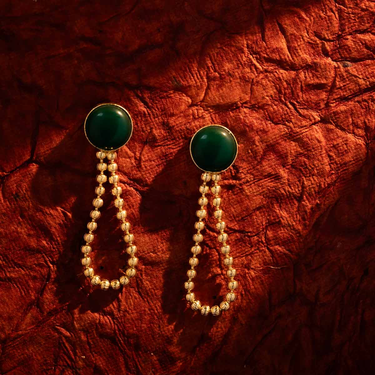 Green Beaded Drop Earrings with Circular Stud