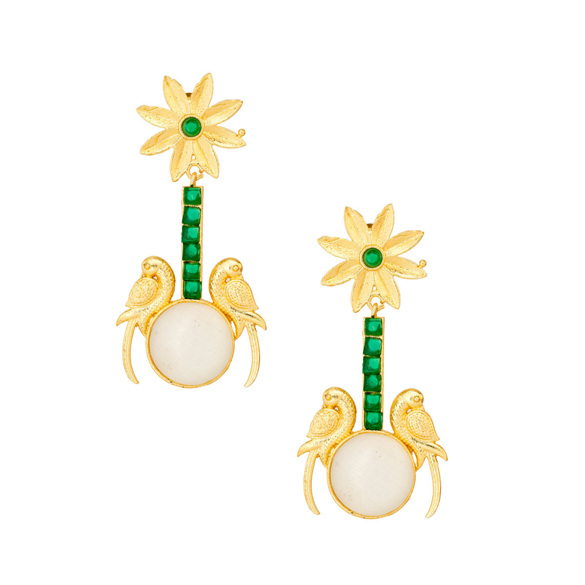 Floral Parrot Drop Earrings with Green and White Accents