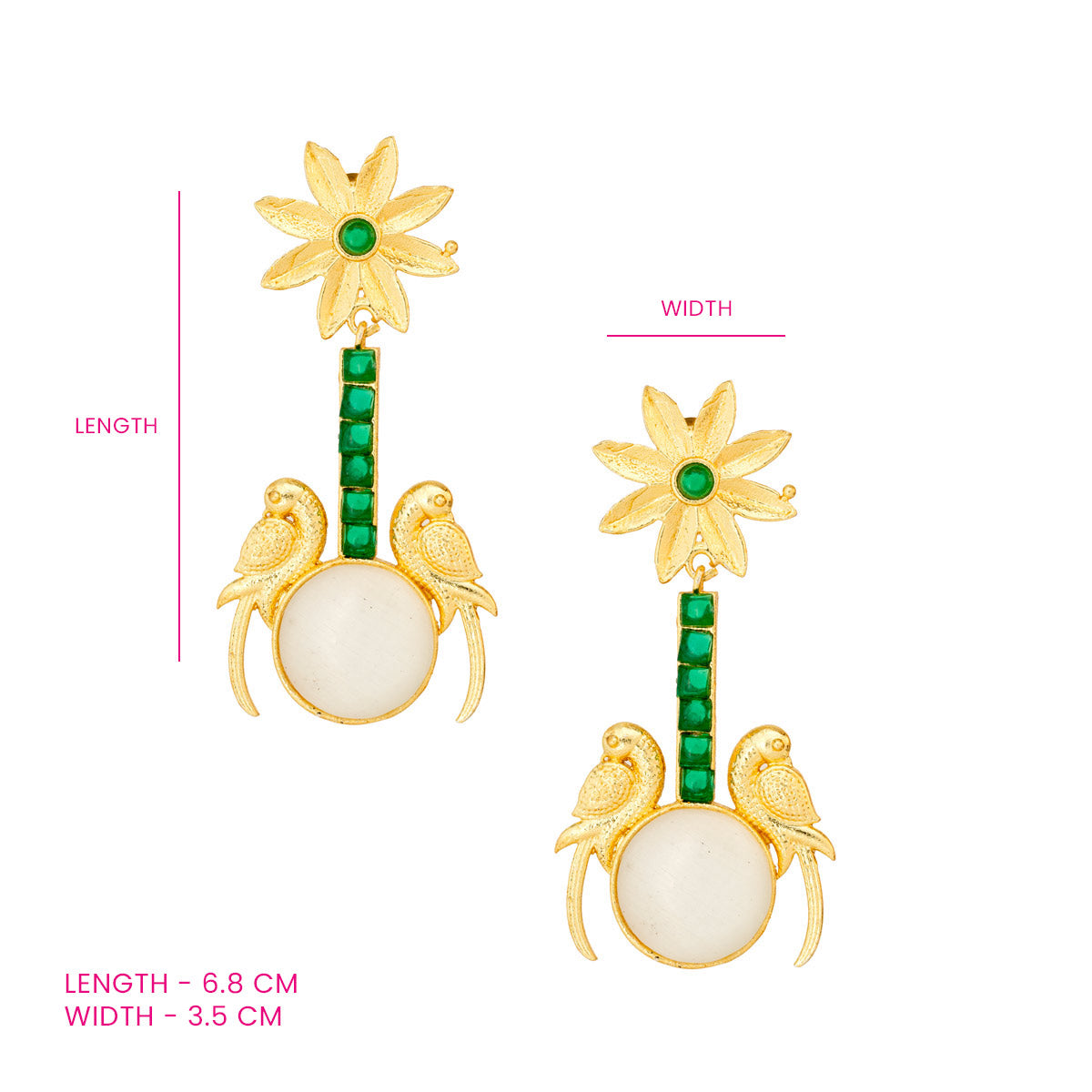 Floral Parrot Drop Earrings with Green and White Accents