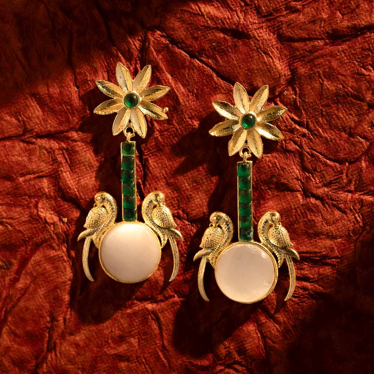 Floral Parrot Drop Earrings with Green and White Accents