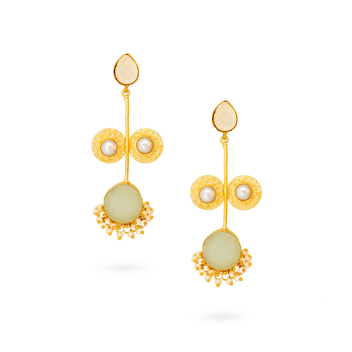 Gold-Plated Geometric Dangle Earrings with Pearls and Mint Green Accents