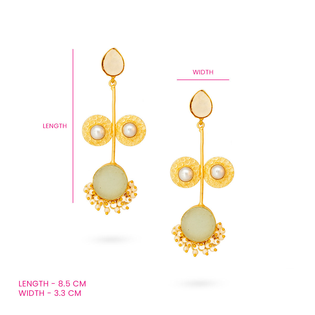 Gold-Plated Geometric Dangle Earrings with Pearls and Mint Green Accents