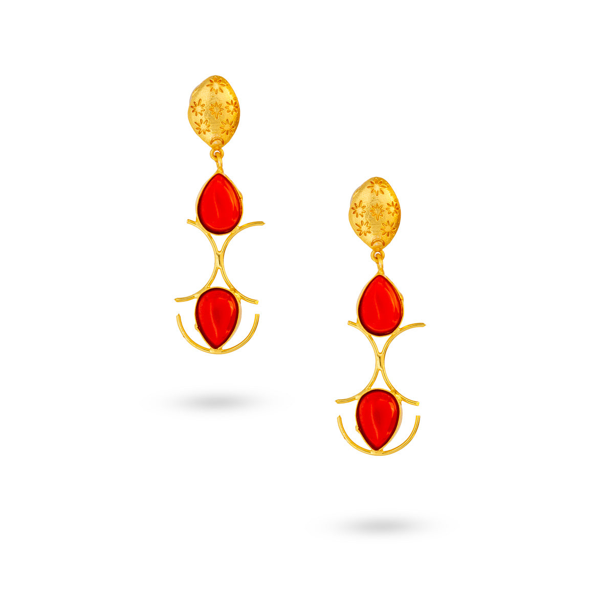 Gold-Plated Crescent Dangle Earrings with Red Teardrop Stones