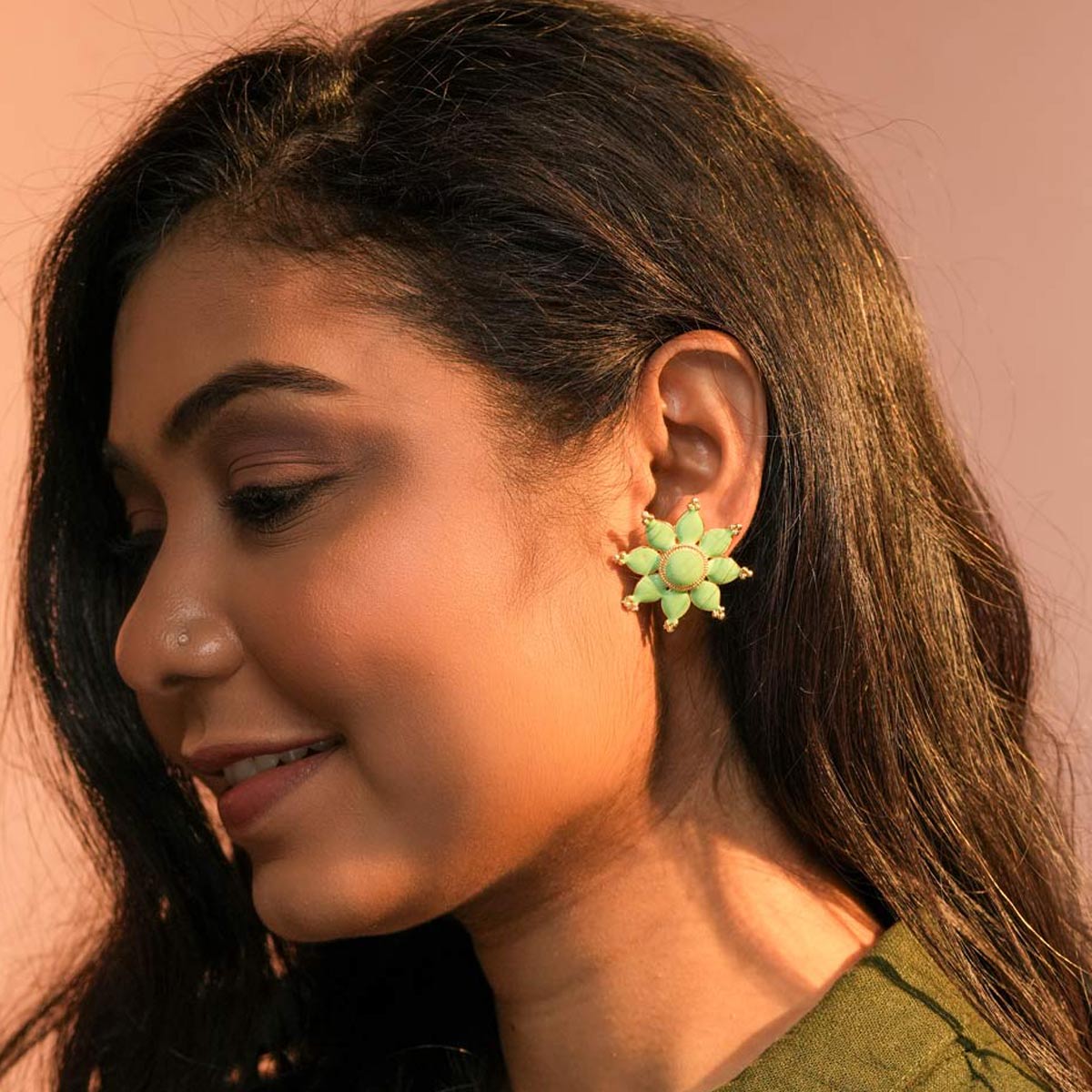 Gold-Plated Green Floral Stud Earrings