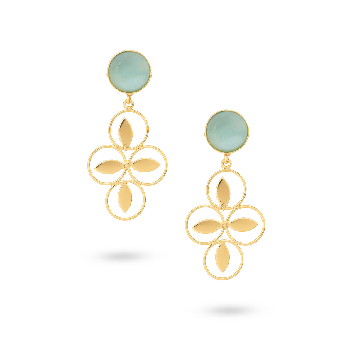 Gold-Plated Floral Drop Earrings with Green Top Accent