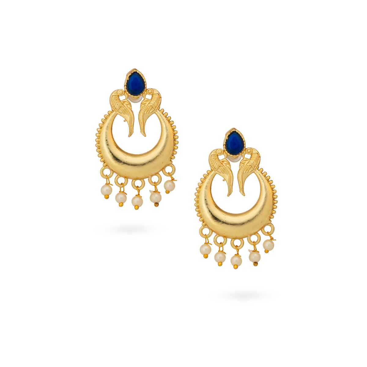 Gold-Plated Peacock-Inspired Crescent Earrings with Pearl Drops