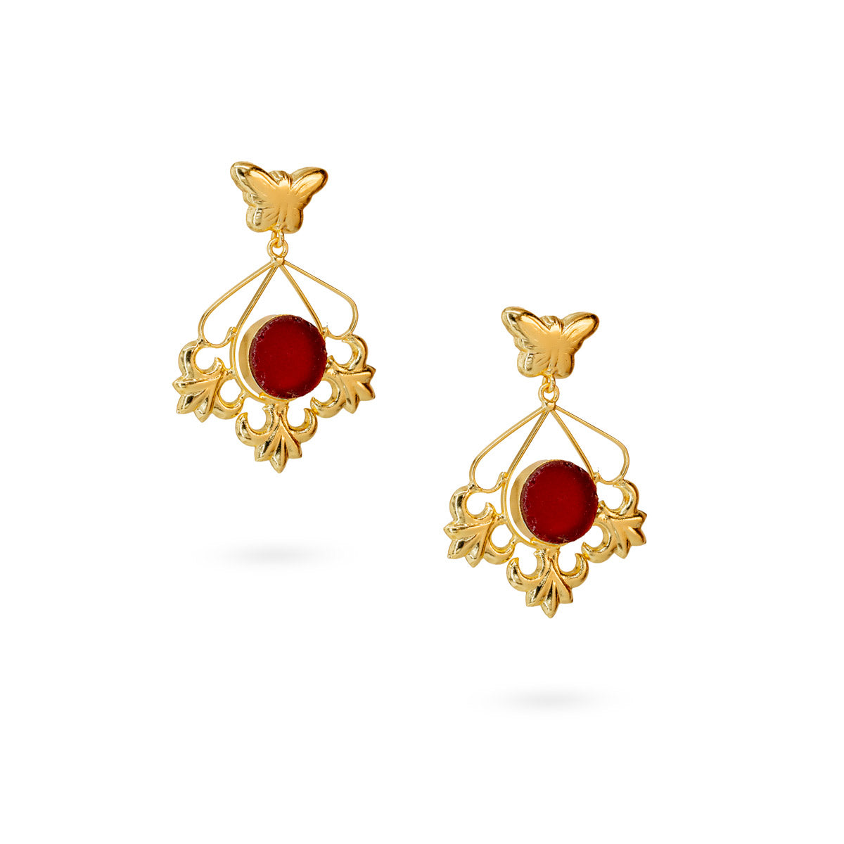 Gold-Plated Butterfly and Floral Drop Earrings with Red Accents