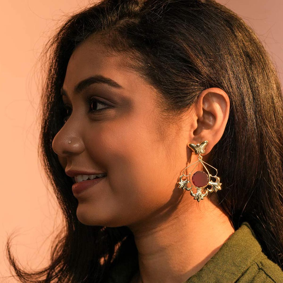 Gold-Plated Butterfly and Floral Drop Earrings with Red Accents