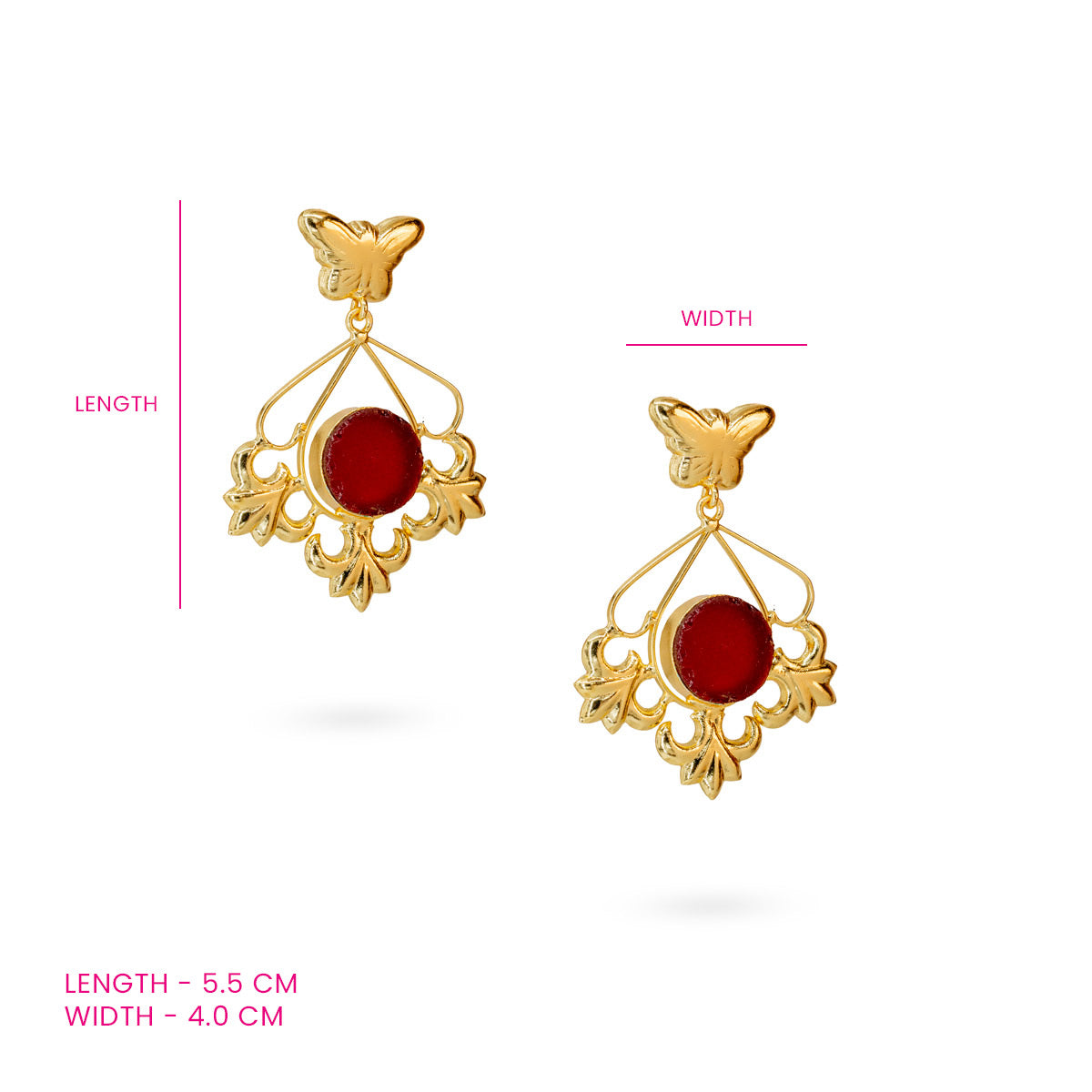 Gold-Plated Butterfly and Floral Drop Earrings with Red Accents