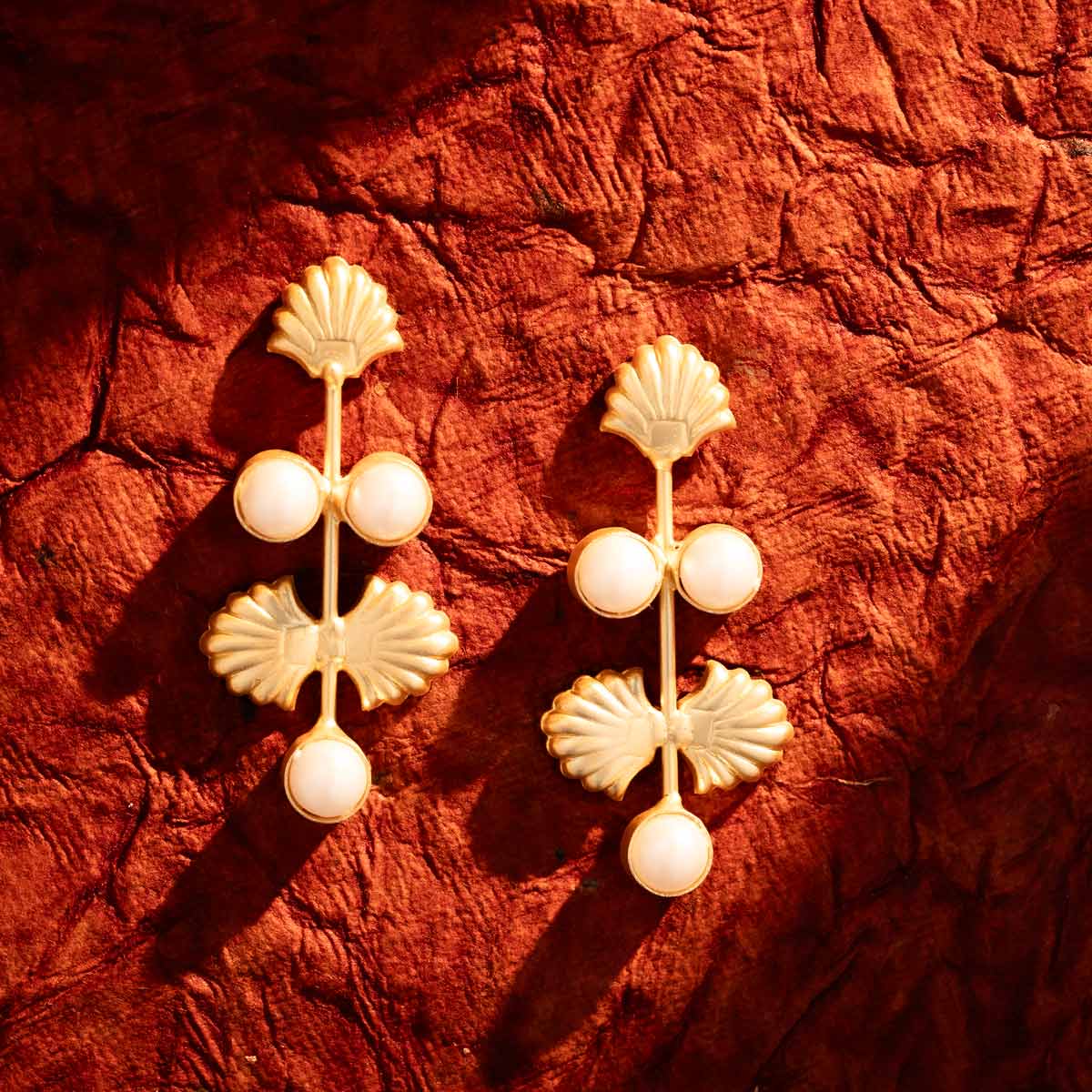 Gold-Plated Leaf and Pearl Drop Earrings