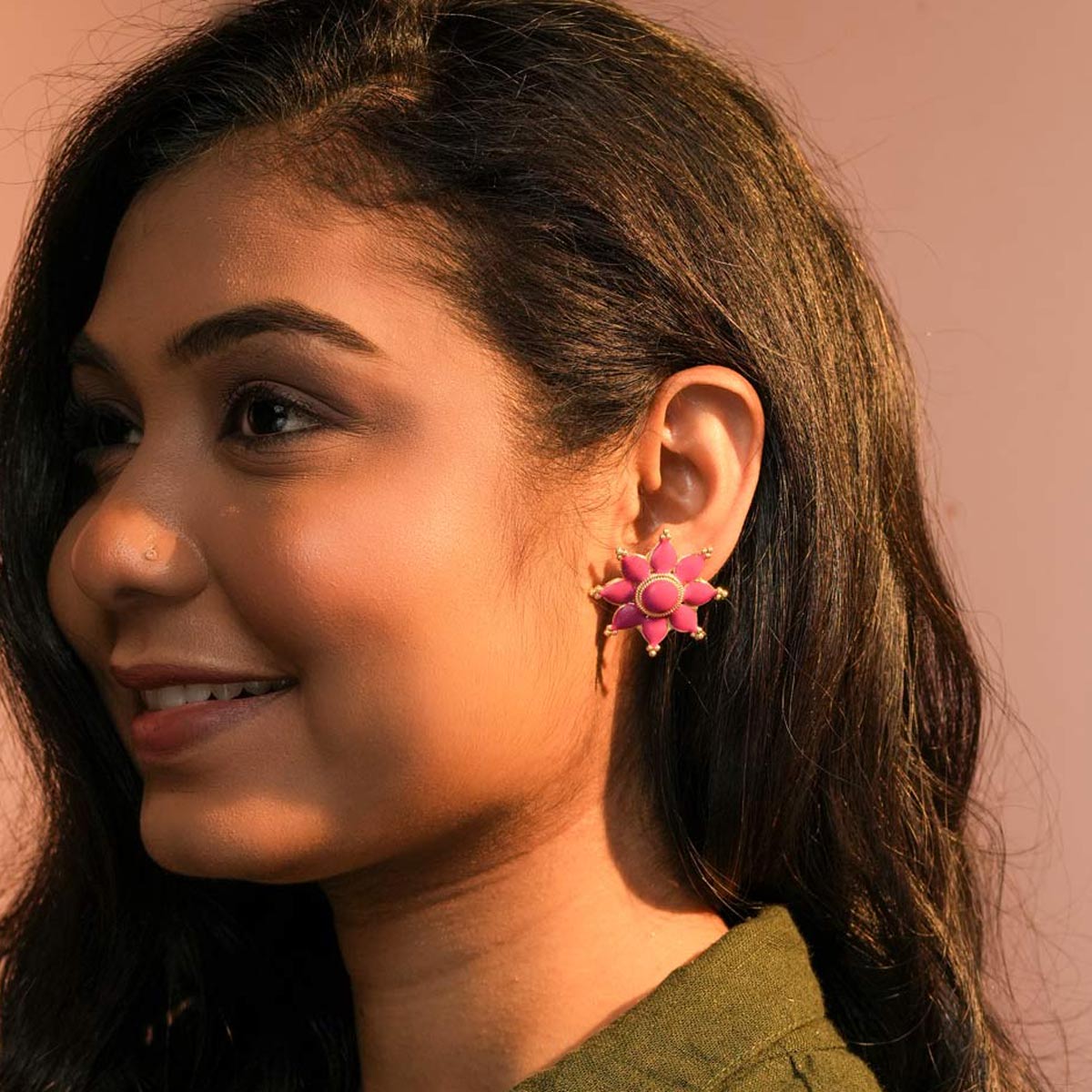 Gold-Plated Pink Floral Stud Earrings