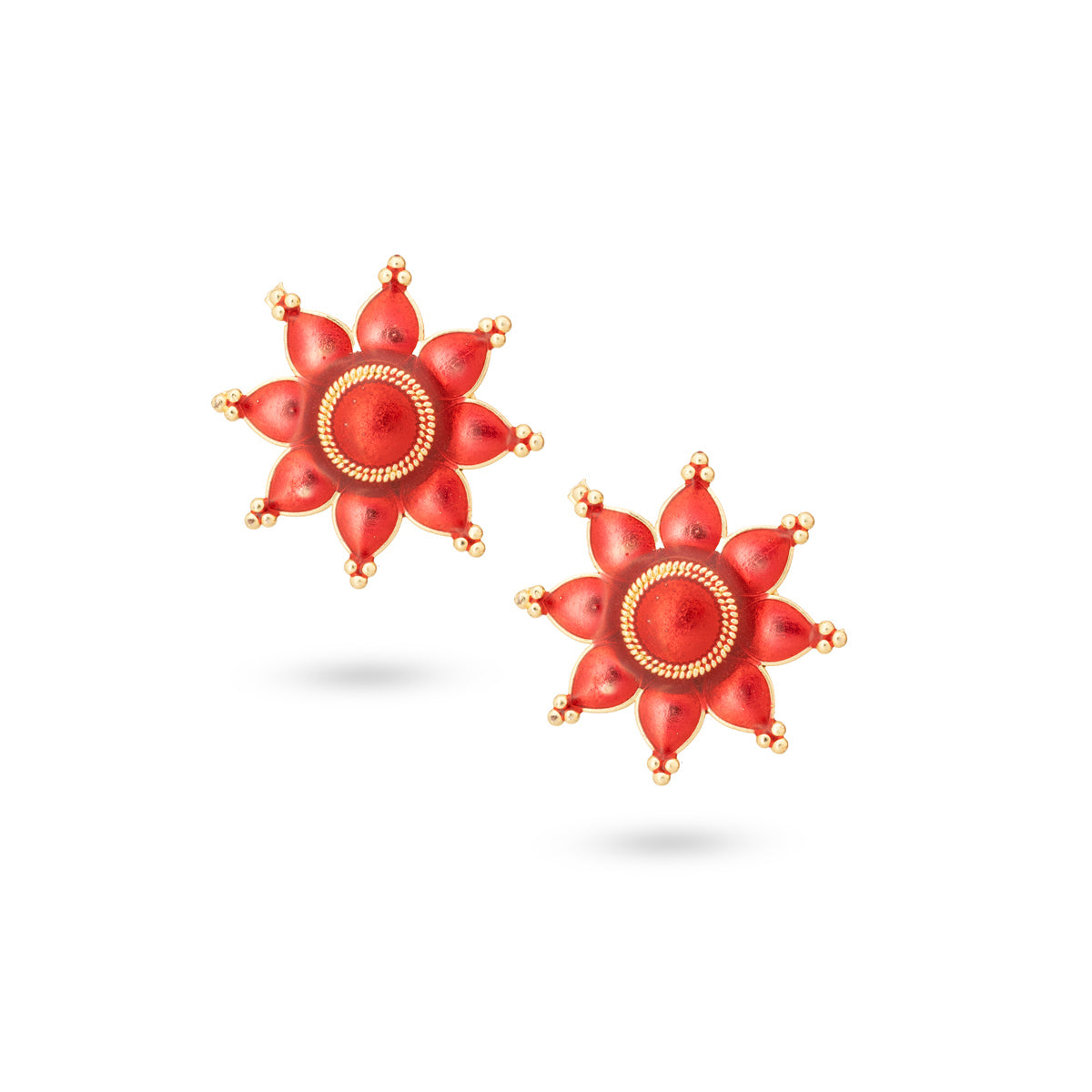 Gold-Plated Red Floral Stud Earrings