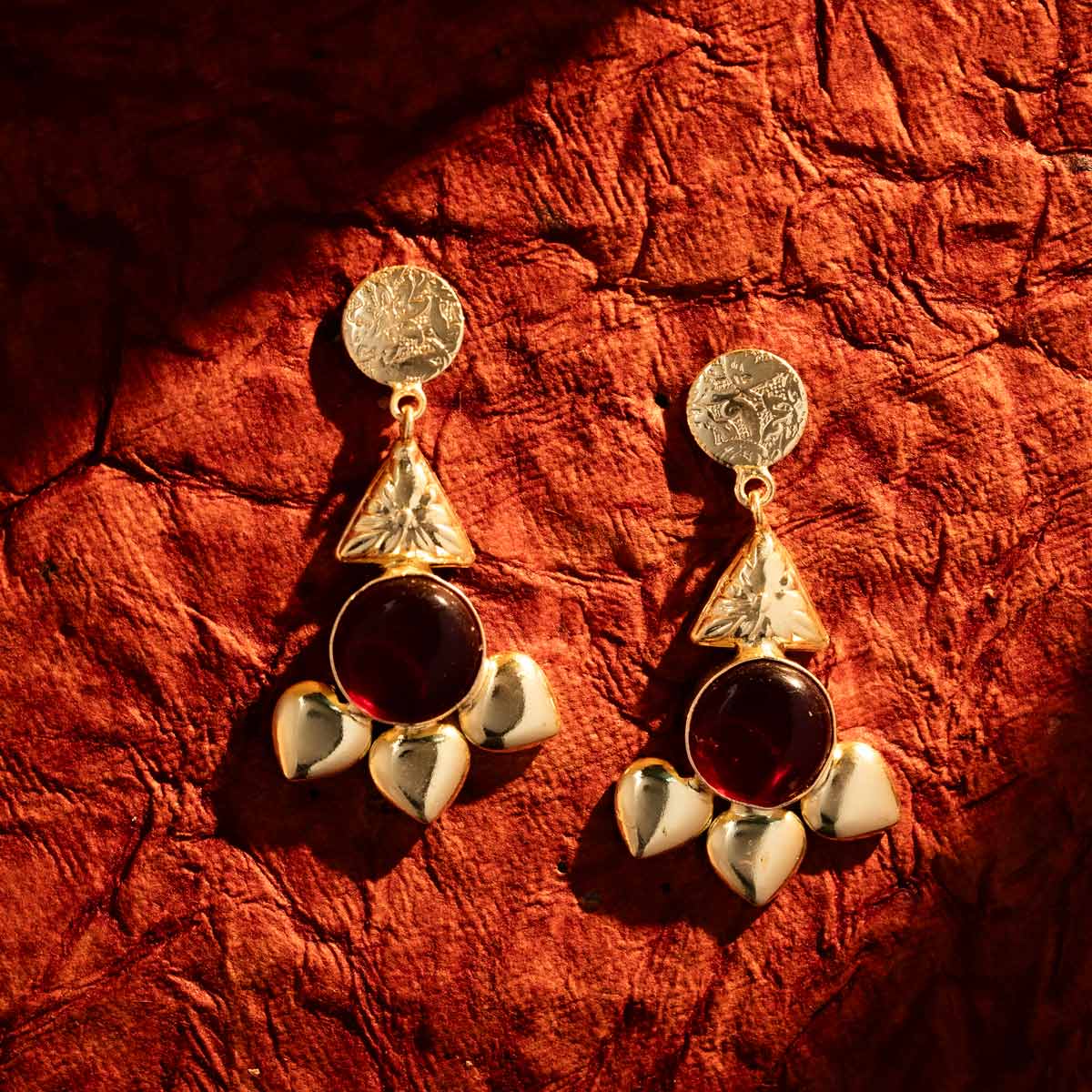 Gold-Plated Red Teardrop Floral Earrings