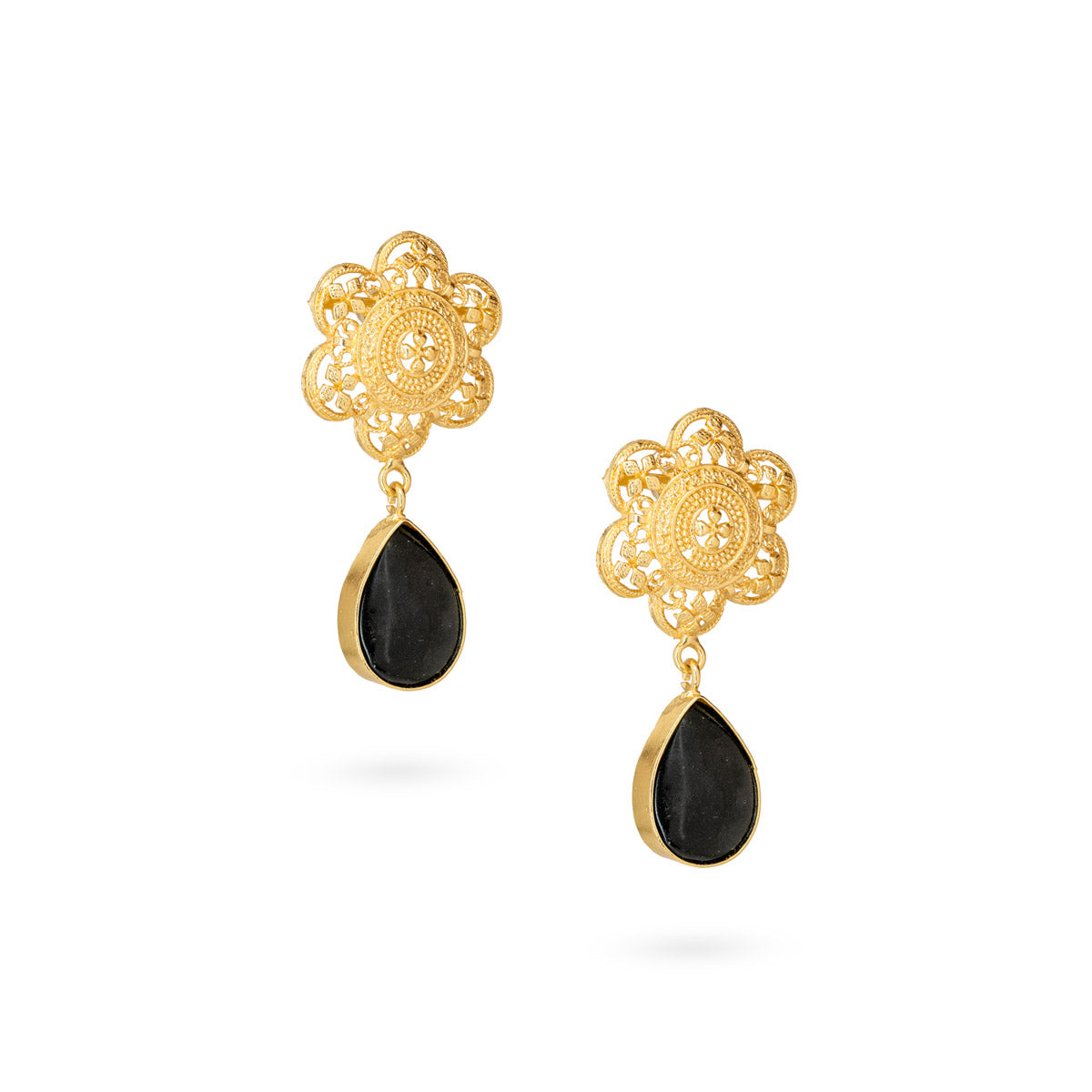 Gold-Plated Black Teardrop Dangling Floral Earrings