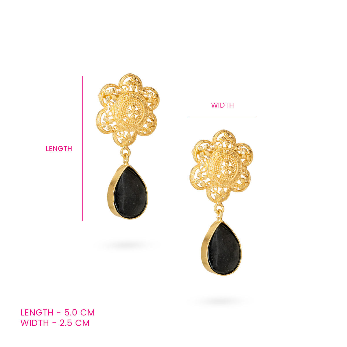 Gold-Plated Black Teardrop Dangling Floral Earrings