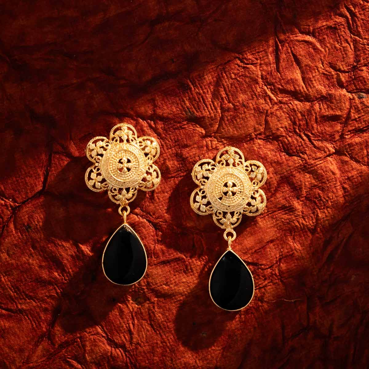 Gold-Plated Black Teardrop Dangling Floral Earrings