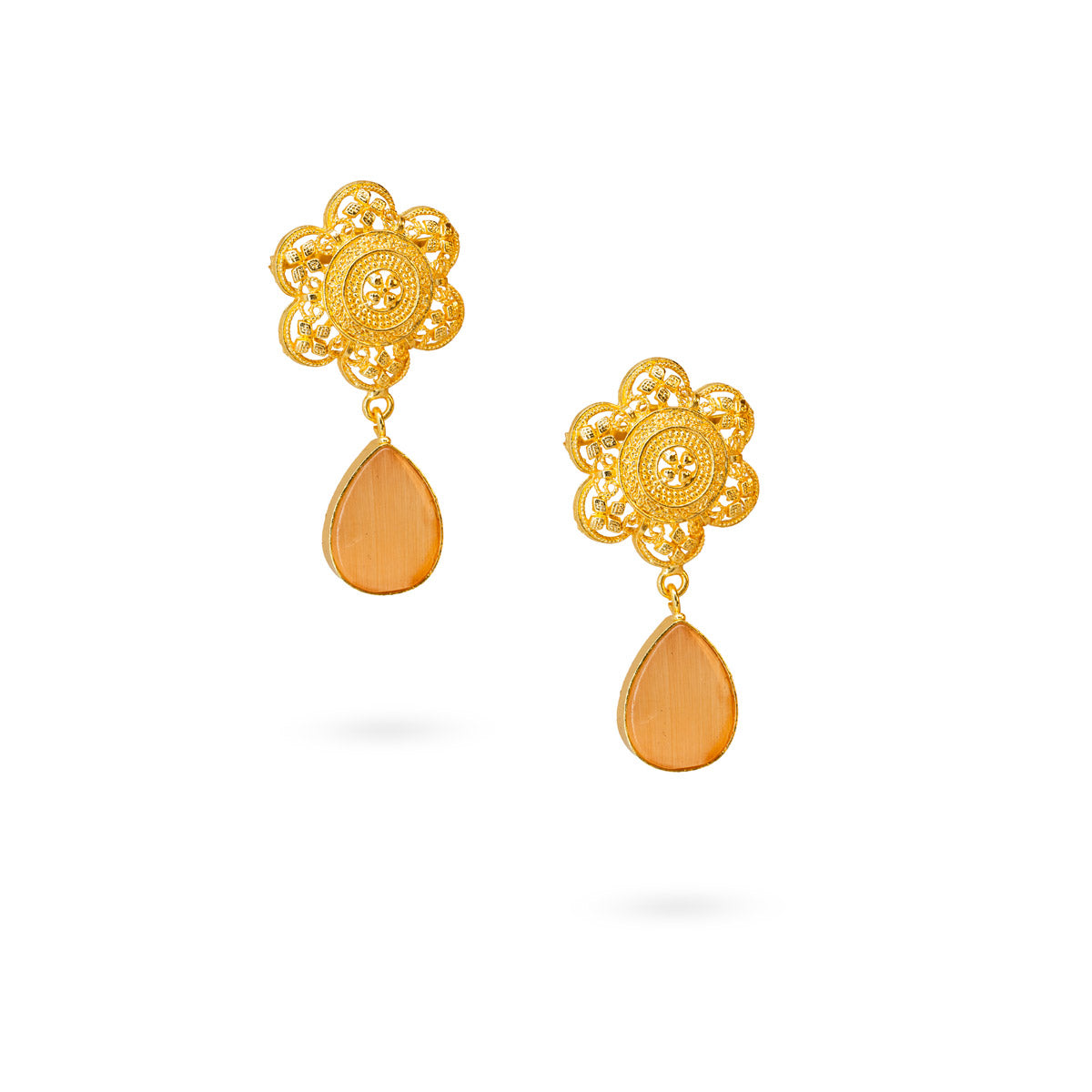 Gold-Plated Peach Teardrop Dangling Floral Earrings