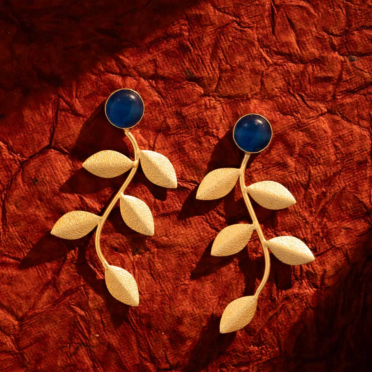 Golden Blue Leaf Drop Earrings