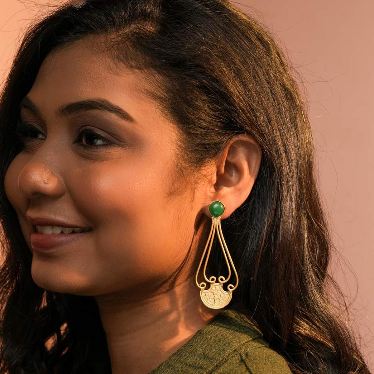 Golden Green Ethnic Drop Earrings