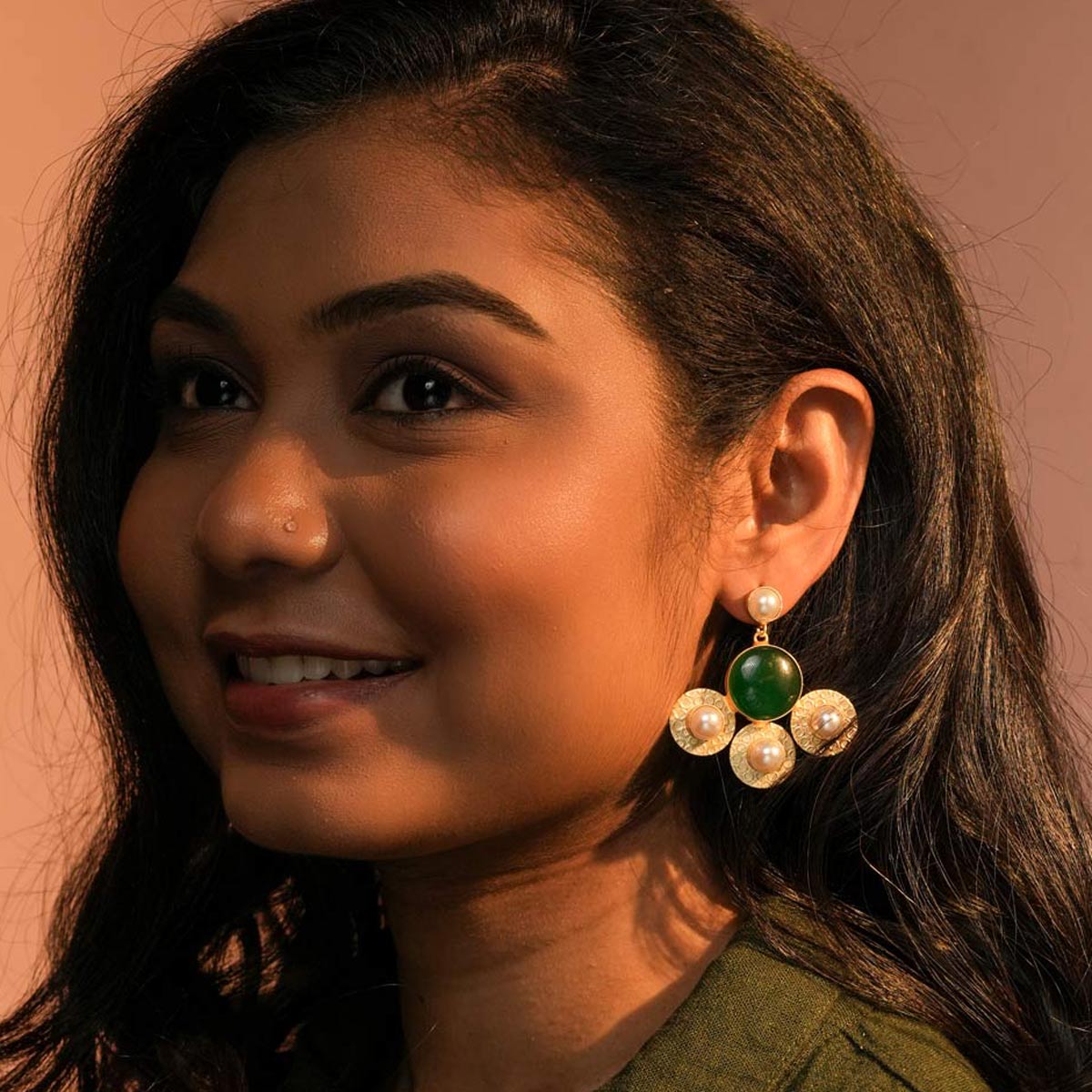 Golden Green Circular Statement Earrings